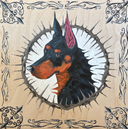 A square wooden panel with a painted Doberman Pinscher head in profile, surrounded by a spiked circular border and an ornate scrollwork border on a light wood background.