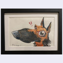 A framed colored pencil drawing of a dog's head with expressive eyes and red exclamation marks above its nose, set in a black frame with a white mat.