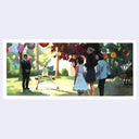 Painting of 3 people, one of them wears a blindfold, standing in front of a mini golf court.
