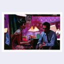 Painting based on a film still from In the Mood For Love of a couple sitting in a dimly lit room, talking to one another.