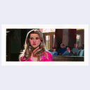 Painting based on a film still from Legally Blonde of Elle Woods standing in a court room wearing a bright pink suit.