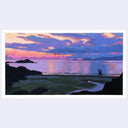 Painting of a pair of people seen from afar, silhouetted as they walk along a shore during a pink and purple sunset.
