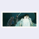 Painting based on a film still from Lord of the Rings of Gandalf standing in bright white light while Frodo and friends stand behind him, cast in blue shadow.