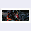 Painting based on a film still from Star Wars Episode IV of 2 men wearing space outfits standing and talking outside of a large space craft.