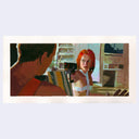 Painting based on a film still from The Fifth Element of a girl with orange hair holding a gun to the face of someone in the foreground.