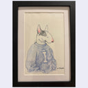 A framed art print featuring a sketch of a bull terrier dog wearing a blue sweater with a white letter 'I' on the chest, set against a cream background with a black frame.