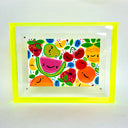 Painting of several colorful fruits with cartoon faces on them. Piece is framed in a fluorescent yellow color acrylic borderless frame.