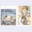 Illustrations of two girls in school uniforms by a window, with close-up details.