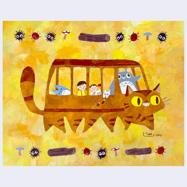 Collage style artwork of the Catbus from Totoro, with the characters inside. Background is yellow and with forest themed iconography as the top and bottom border.