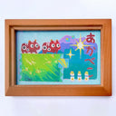 A colorful textured painting featuring 2 red cartoon ox figures, with large white eyes on a green grassy hill, with purple mountains, blue sky, red Japanese characters, and three small bottles with yellow caps at the bottom right.
