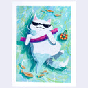 Illustration of a cartoon white cat, floating on its back in a pool with a pink pool noodle under its arms and fish swimming by.