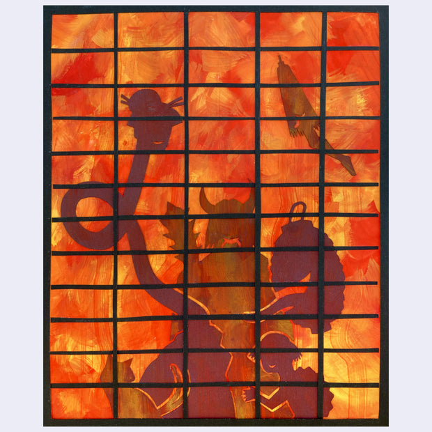 Bright orange and yellow paper with shadows of various yokai monsters. A black grid is in front of the scene, akin to a shoji screen.