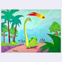 A colorful painting of a long-necked green dinosaur standing on a pink ground, with palm trees, green foliage, blue mountains, and a yellow comet streaking through a light blue sky.