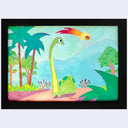 A colorful painting of a long-necked green dinosaur standing on a pink ground, with palm trees, green foliage, blue mountains, and a yellow comet streaking through a light blue sky.