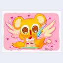 Colorful illustration of a small yellow mouse creature with very large anime eyes, wings and a tail, excitedly eating a piece of strawberry cake.