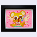 Colorful illustration of a small yellow mouse creature with very large anime eyes, wings and a tail, excitedly eating a piece of strawberry cake.