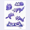 Purple colored pencil doodles on white paper of cartoon cats, with large eyes.