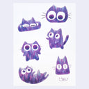 A sheet of  seven cute, stylized purple and blue cat faces with a textured, sketched appearance on a white background.