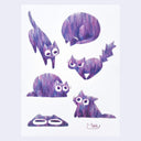Seven whimsical, stylized cat illustrations drawn in a textured purple and blue scribble style, with a small artist signature at the bottom right.