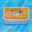 Painting of a can of sardines on a blue background. The can's design is yellow with a sardine dressed in a red bowtie and a top hat. Text atop reads "Dappers" and smaller text says "extra well dressed".