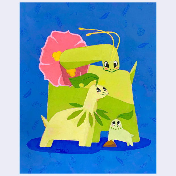 Illustration n blue background of a family of green dinosaur/plant characters of 3 different sizes.
