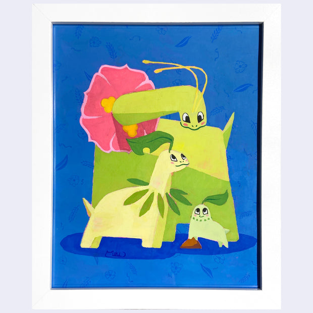 Illustration n blue background of a family of green dinosaur/plant characters of 3 different sizes.