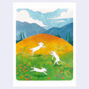 Painting of a lush hillside, with 3 white dogs with pointed ears and short fur, running through grass and flowers. Behind the hill are blue mountains.