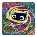 Colorful illustration of a galactic swirl, with a giant black cat's head in the center and a small cartoon mouse getting pulled in.