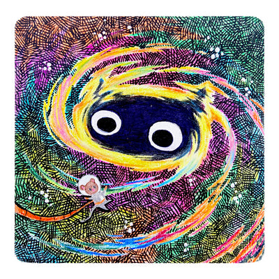 Colorful illustration of a galactic swirl, with a giant black cat's head in the center and a small cartoon mouse getting pulled in.