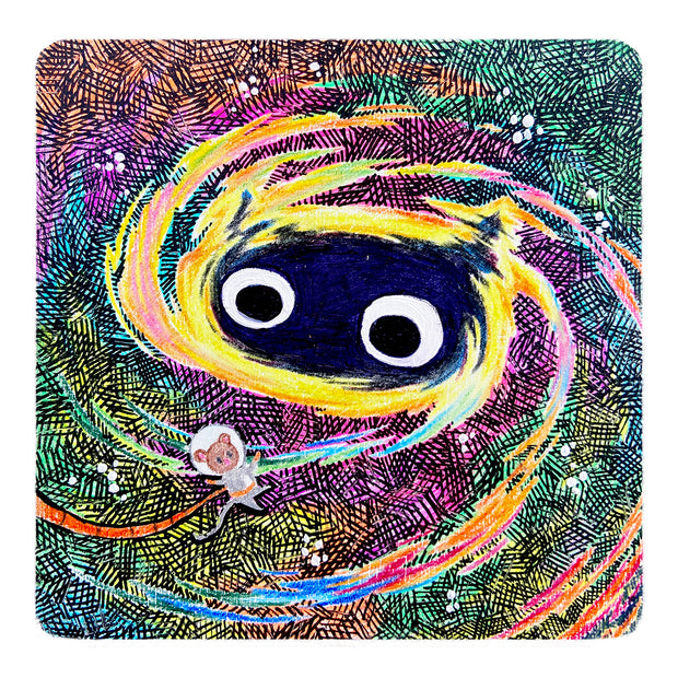 Colorful illustration of a galactic swirl, with a giant black cat's head in the center and a small cartoon mouse getting pulled in.