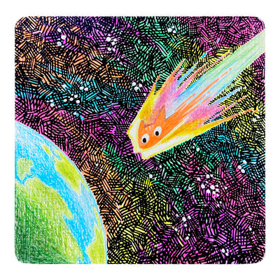 Colorful illustration of a cat shaped meteor, very rapidly going towards earth on a colorful galactic background.