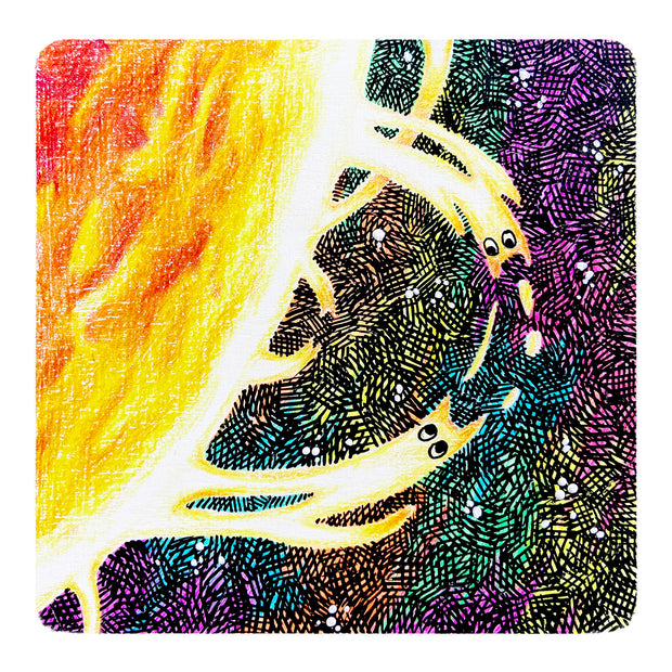 Colorful abstract illustration of a sun, very very close up with 2 magma cats coming off of its surface