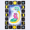 A colorful pastel drawing of two whimsical cats sitting on a crescent moon, surrounded by a border of black squares containing various moon phases and stars, on a light gray background.