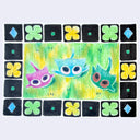 A colorful hand-drawn artwork featuring three cartoonish creatures inside a decorative border. The central scene has a green and yellow textured background with three whimsical characters in pink, blue, and green.