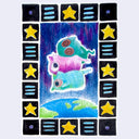 A colorful drawing featuring three cartoonish floating creatures in green, pink, and blue, set against a starry space background with a black border containing yellow stars and blue horizontal lines.