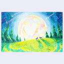 Colorful illustration of a landscape with a large moon in the background, trees, and two animals walking on a path.