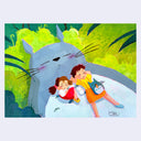 Illustration of two children hugging a large creature with a green, forest-like background
