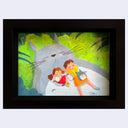 Illustration of a large creature carrying two children on its back, with a green, nature-themed background.