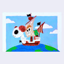 A colorful cartoon-style painting of a pirate ship sailing on blue water with green land visible at the bottom, set against a light blue sky with white clouds. The ship has a beige sail with a skull-and-crossbones motif, red and brown details, and a large ram's head as its mast.