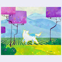 Colorful illustration of a white horse with blue markings walking through a stylized landscape with purple trees and blue mountains and bright yellow-green grass.