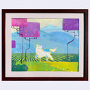 Framed illustration of a white horse with blue markings walking through a stylized landscape with purple trees and blue mountains and bright yellow-green grass.