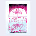 Fuchsia colored relief print of a spider lily flower, reflected into water below it.  