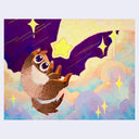 Painting of a purple sky with colorful clouds and a shooting star, which lands into the open arms of a brown cat.