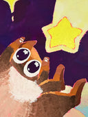 Painting of a purple sky with colorful clouds and a shooting star, which lands into the open arms of a brown cat.