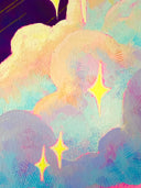 Painting of a purple sky with colorful clouds and a shooting star, which lands into the open arms of a brown cat.