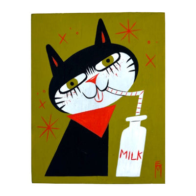 Painting on flat wooden panel of a cartoon black and white cat, wearing a red bandana and sipping from a straw coming out of a milk bottle. There are red sparkles around it and piece is on olive green background.