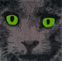 Tufted rug art of a close up of a gray cat's face, with bright green eyes and a wide eyed, closed moth expression. 