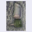 Illustration of a character in a green outfit standing among tall, cylindrical plants. It has a hood hat of the same cylindric shape.
