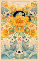 Mirrored illustration on brown toned paper of a koi fish vase, with bright yellow and white flowers blooming wildly out of them with curving stems. Atop the 2 center flowers is a small house with a black blob surrounding it.