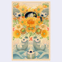 Mirrored illustration on brown toned paper of a koi fish vase, with bright yellow and white flowers blooming wildly out of them with curving stems. Atop the 2 center flowers is a small house with a black blob surrounding it.